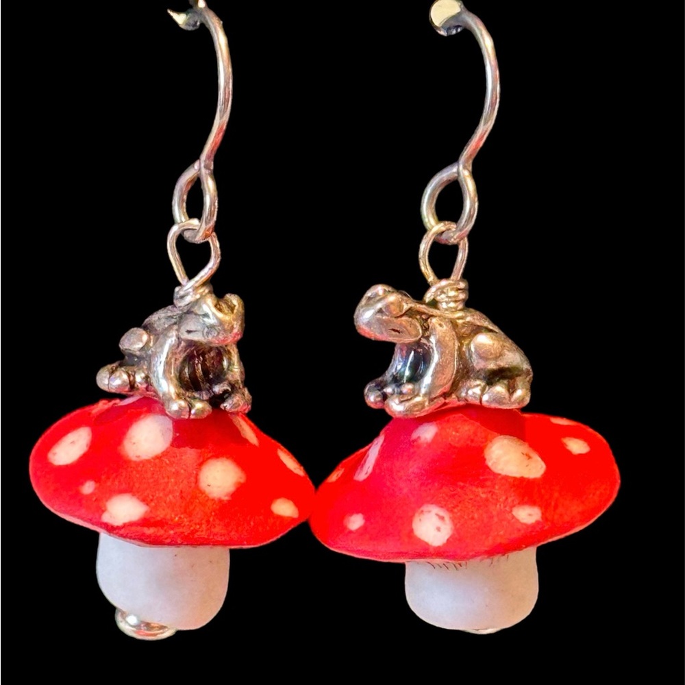 Mushroom Frog Earrings Toadstool Niobium Ear Wires